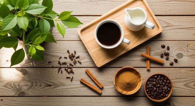 Coffee setup with black coffee, milk, cinnamon sticks, and spices on a wooden table