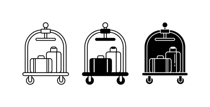 Hotel luggage cart icons set, black bellboy trolley vector, travel suitcase baggage cart symbols