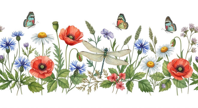 Watercolor border of red poppies, white daisies, and blue cornflowers with butterflies and a dragonfly on a black background