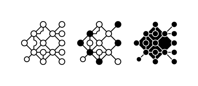 Abstract neural network icons, digital connection nodes, black and white data structure vectors