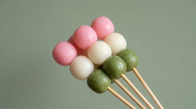 Three-colored Hanami dango skewers in pink, white, and green on a bamboo stick