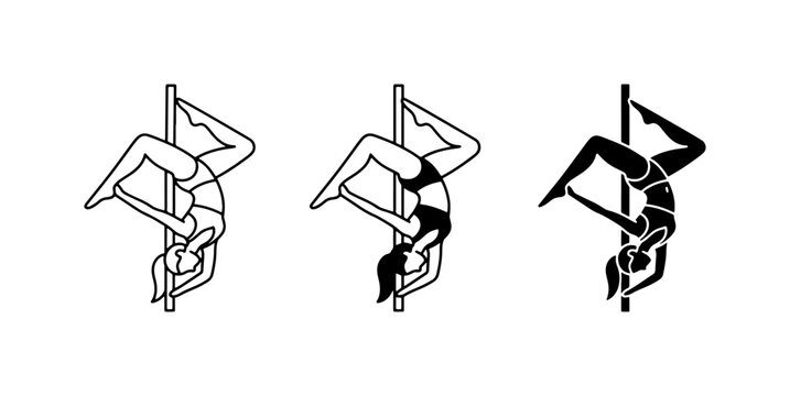 Pole dance icon set, athletic woman performing acrobatic pose, black and white vector silhouettes