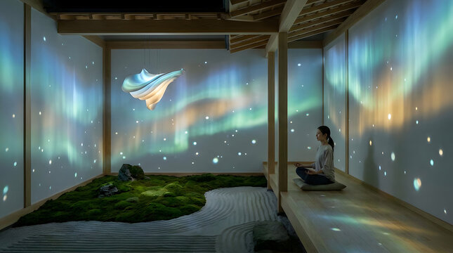 A woman meditates in a serene, digitally projected aurora borealis environment, suggesting a virtual therapy session or immersive art experience