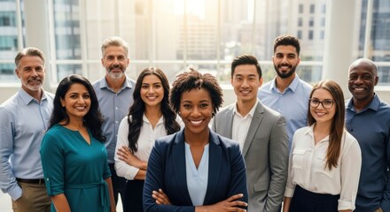 Obraz premium Diverse Group of Professionals Posing Confidently in Modern Office Setting.