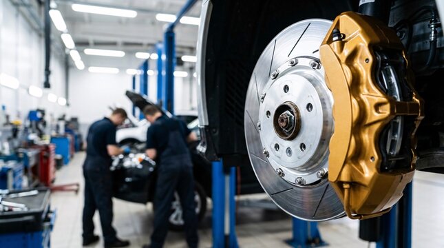Extreme close up of a high performance sports car wheel assembly featuring a shiny slotted steel brake rotor and a metallic gold caliper.