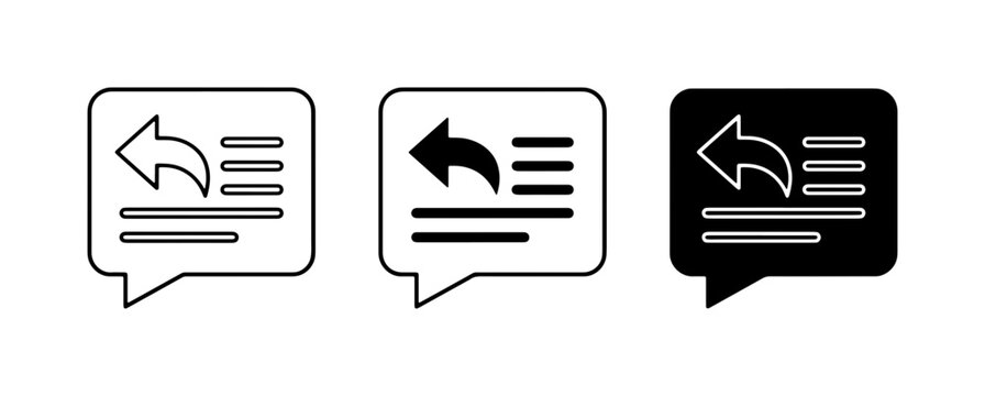 Minimalist reply message icons, chat bubble with back arrow symbols, email response vector set