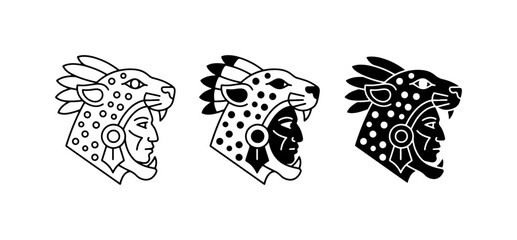 Jaguar Warrior Icons, Mesoamerican Civilization Symbols, Tribal Head Designs, Ancient Warrior Art, Cultural Iconography, Vector Graphics Set © Hanif