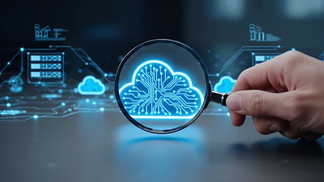 Cloud Computing Analysis with Magnifying Glass on Dark Background Highlighting Technology Concept and Digital Transformation on Tech Surface with Electronic Design