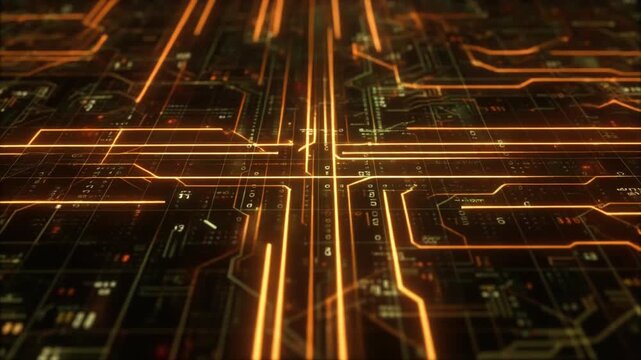 Data Flow Streamlines. Computer Technology Background. A chip surface where faint, orange-yellow streamlines are visible, representing the rapid, invisible flow of data packets across the circuitry.
