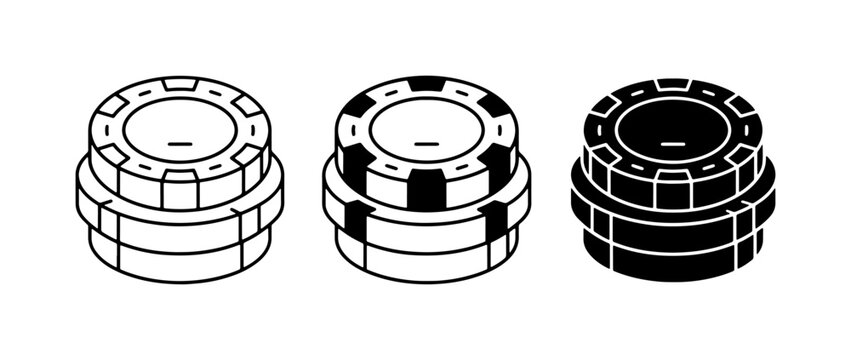 Casino Chips, Gambling Tokens, Stacked Poker Chips Icons, Vector Set