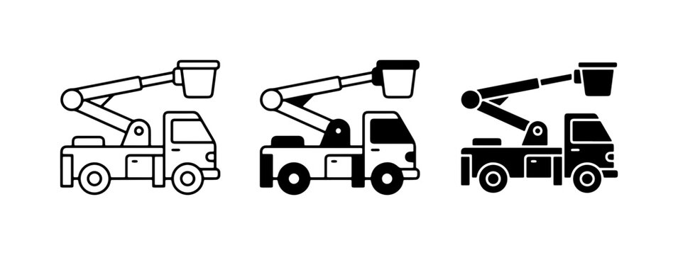 Cherry Picker Truck Icons, Aerial Lift Vehicle Set, Bucket Truck Graphics for Construction and Utility Work