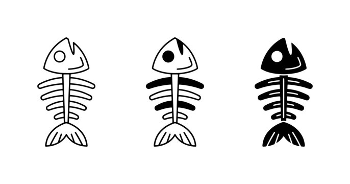 Vector Fish Skeletons, Set of 3 Icons, Black and White Outline and Silhouette Styles