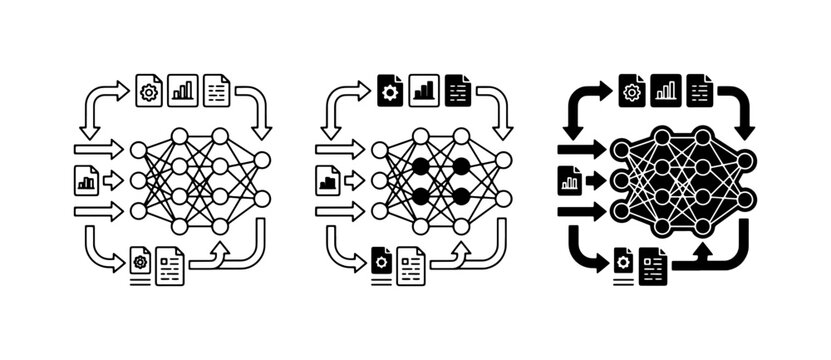 Neural Network Flowchart, Machine Learning Process, Data Science Algorithm Icons