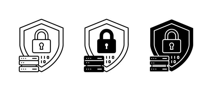Cybersecurity Icons: Secure Server Protection, Data Encryption, Digital Shield Lock