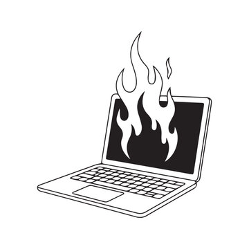 Burning laptop computer illustration. Black and white line art drawing of a notebook screen on fire, symbolizing overheating, burnout, or a cyber attack.
