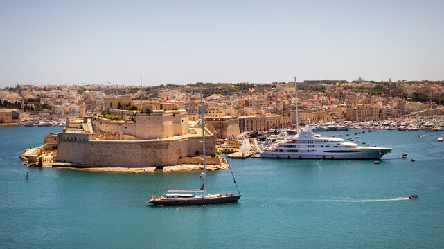 Scenic view of Fort St Angelo across the Grand Harbour from Valletta Malta