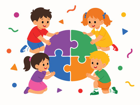 Group of young children solving a large colorful puzzle.