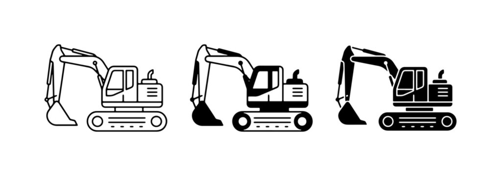 Excavator Icons Set, Construction Machine Vector Graphics, Heavy Equipment Symbols