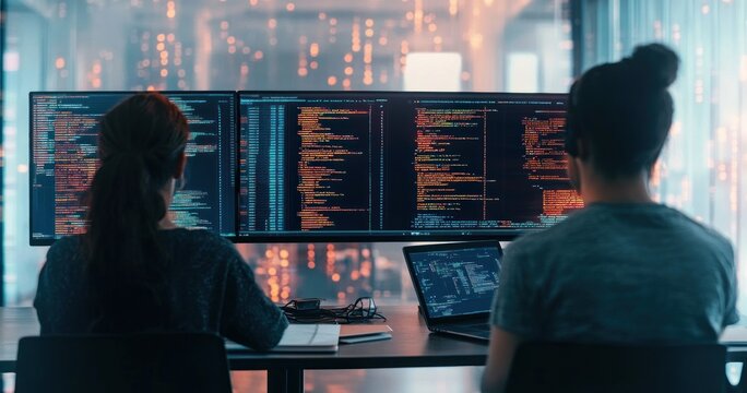two people focused on programming at a desk with widescreen monitors and a laptop showing colorful code in a modern office, concentrated and collaborative mood