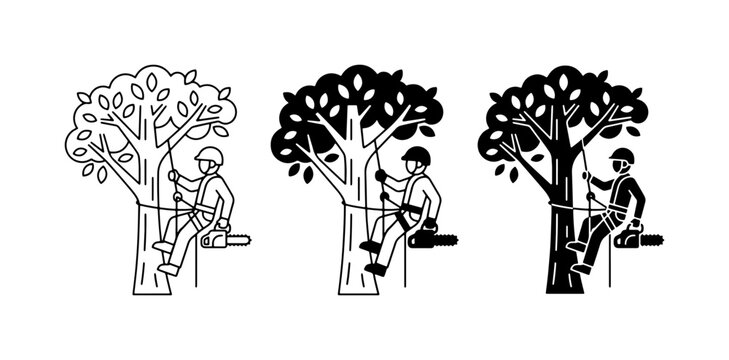 Arborist Tree Trimming Icons, Professional Climber with Chainsaw, Arboriculture Service Vector Set