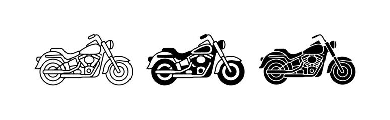 Motorcycle Icons Set: Cruiser, Chopper, Bobber Styles, Black and White Vector Graphics © Abdur