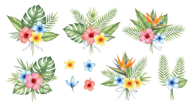 Watercolor tropical flower bouquets with monstera leaves, hibiscus, plumeria, and bird of paradise flowers on a black background