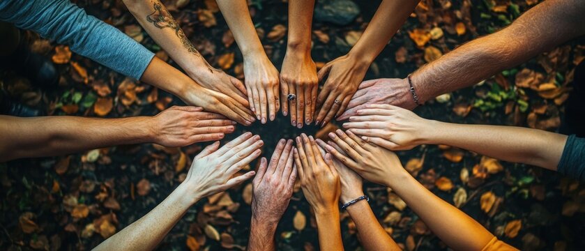 Top-down view of diverse hands placed together in a circle over autumn leaves conveying unity and solidarity