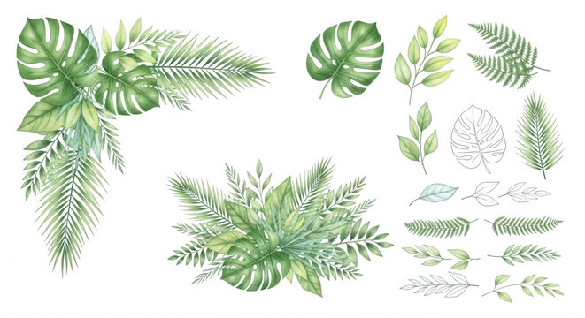 Watercolor tropical plant collection with monstera leaves, fern fronds, and botanical foliage isolated on a black background
