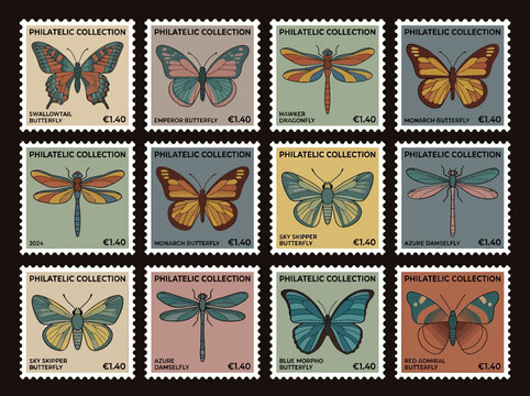 Vintage Style Butterfly and Dragonfly Postage Stamp Collection Set with Retro Insect Illustrations