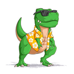 Cool green Tyrannosaurus Rex wearing sunglasses and a yellow tropical Hawaiian floral shirt with a happy summer vibe © asgraphics13