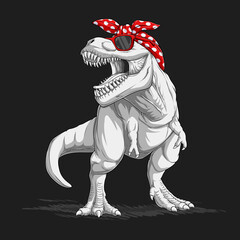 Grayscale Mamasaurus Tyrannosaurus Rex wearing sunglasses and a red polka dot bandana headband with a fierce expression © asgraphics13