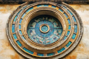 Obraz premium ornate circular mosaic oculus with concentric blue, teal and gold tiles set into a weathered stone facade, radiating timeless serenity and quiet wonder