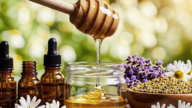 Pure Golden Honey Dripping with Bee Pollen and Essential Oils in Natural Setting
