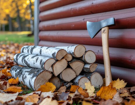 Stacked Birch Firewood Against Norwegian Red Cabin Wall