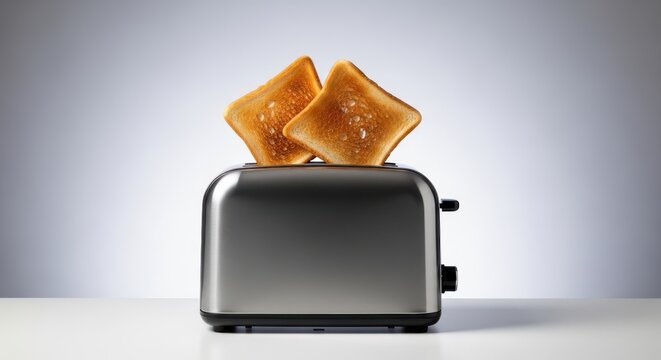 Two slices of golden toasted bread popping out of a modern stainless steel toaster