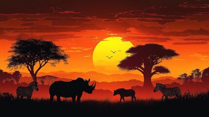 Naklejka premium silhouetted rhinoceros, hyena and zebras on an african savanna at a dramatic orange sunset with acacia trees, large sun, flying birds and tall grass, serene dusk