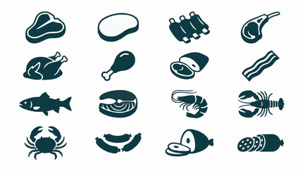 Collection of various meat and seafood icons on a white background © RAIXEL
