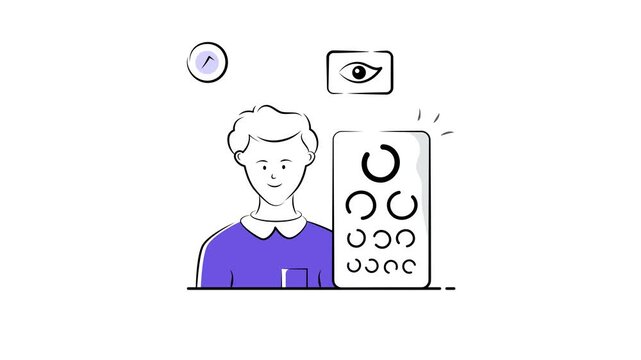 animated illustration of a patient undergoing an eye vision test with a letter chart.