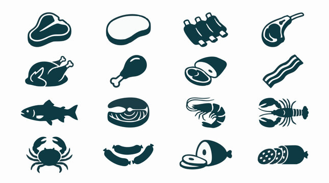 Collection of various meat and seafood icons on a white background