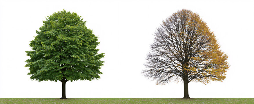 Acer saccharum side street trees in spring and winter on a bright white background