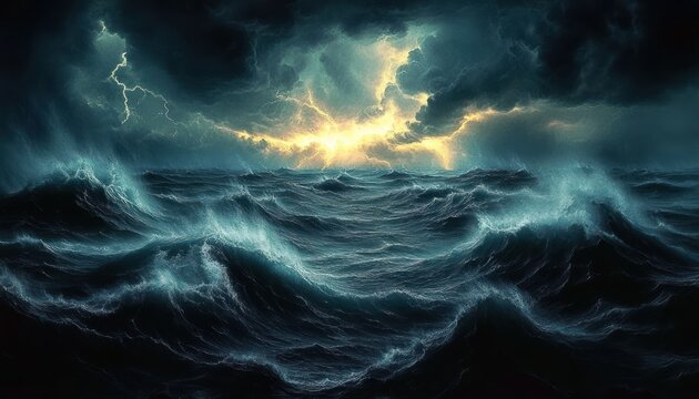 tumultuous stormy ocean with towering waves, dark lightning-filled clouds and a dramatic golden glow on the horizon, evoking awe and foreboding