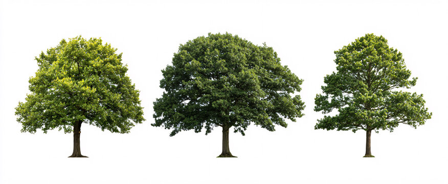 Quercus robur side view urban trees isolated on white background with clean cutout.