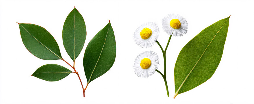 Eucalyptus leaves and Matricaria chamomilla evoke tranquility against a serene white backdrop