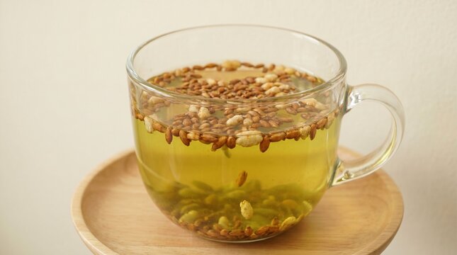 Green tea with roasted brown rice (Genmaicha) showing floating grains