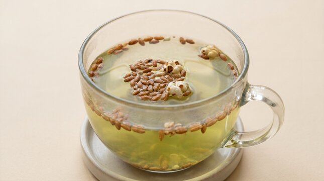 Green tea with roasted brown rice (Genmaicha) showing floating grains