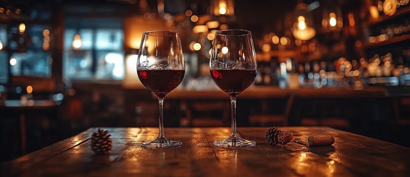 Two glasses of red wine on a wooden table in a dim cozy bar with warm bokeh lights, pinecones and a cork, evoking an intimate relaxed evening