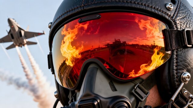 Pilot helmet with jet in background