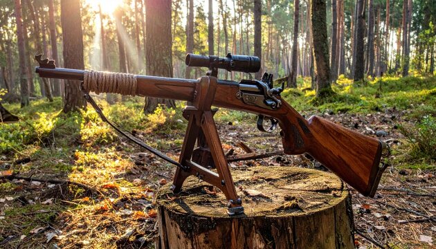 Handcrafted wooden crossbow with steel limbs and optical scope resting on a tree stump in a sunlit forest, showcasing expert craftsmanship and medieval weaponry for outdoor hunting or survival.