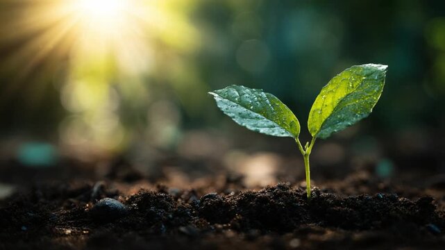 Emergence of Life: A single seedling emerges from the soil, reaching towards the radiant sunlight, symbolizing new beginnings and growth.