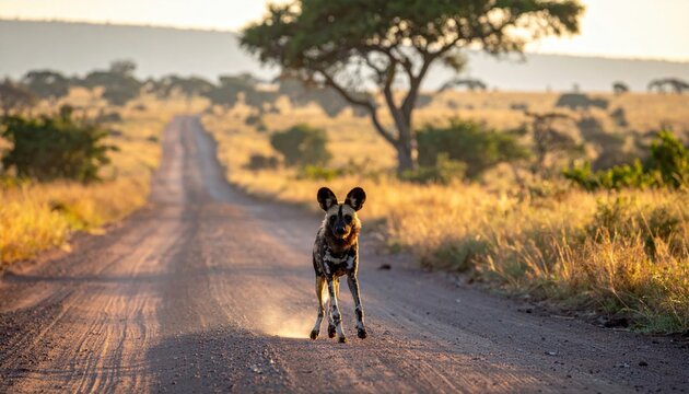 Cinematic wide shot of a rare African wild dog with multicolored blotched fur standing alert on a dusty dirt road in the savanna at sunrise, showcasing the raw beauty of endangered safari wildlife.